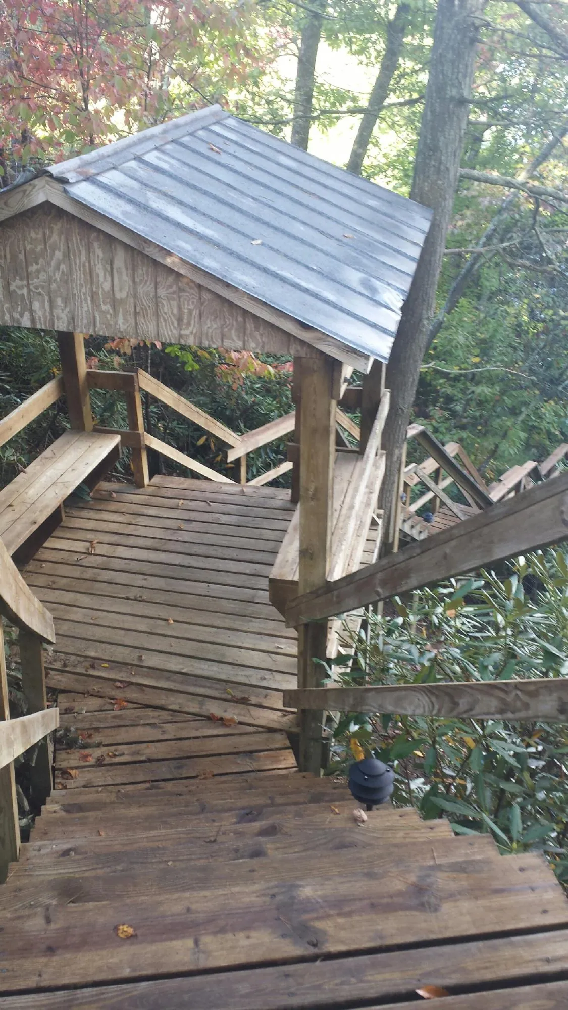Metal roofed shelter over wooden steps on a wooded walkway — Skylight Repair & Installation work by our crew in Pinole